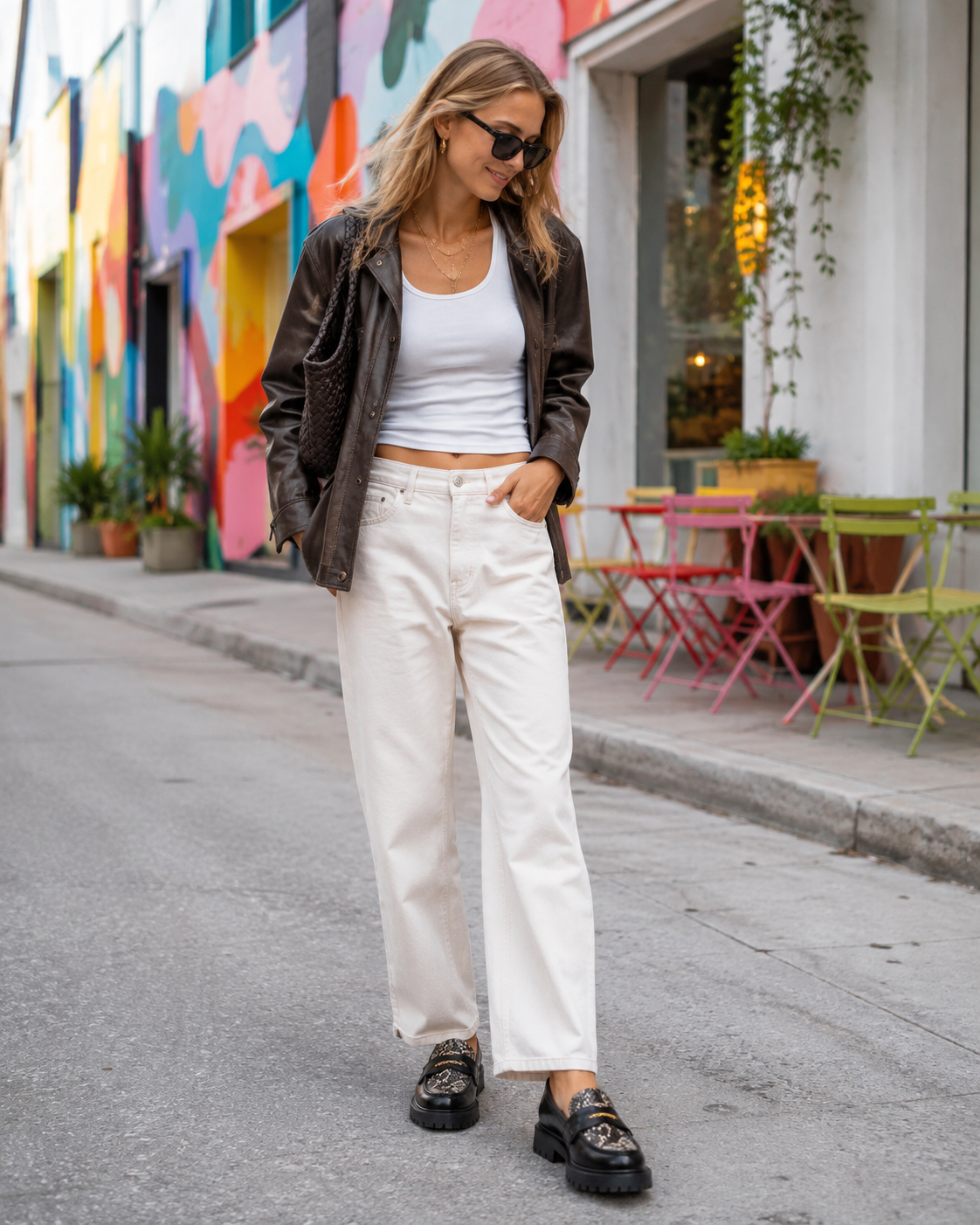 Black platform loafers styled with white pants