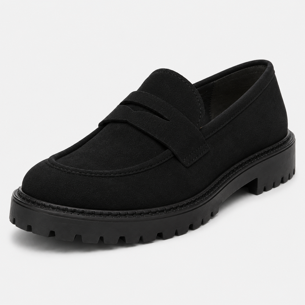 Black platform penny loafers with chunky sole, angled view