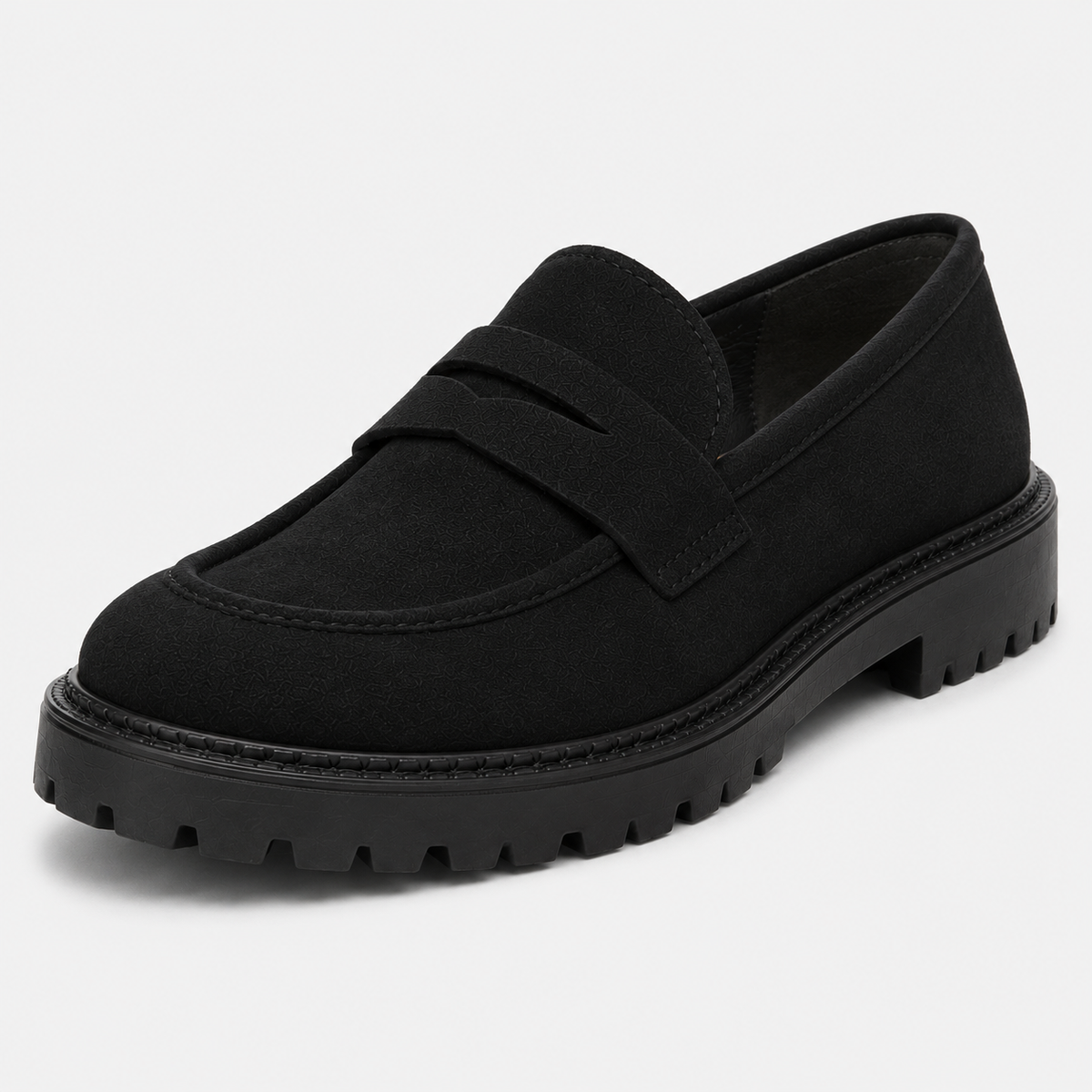 Black platform penny loafers with chunky sole, angled view