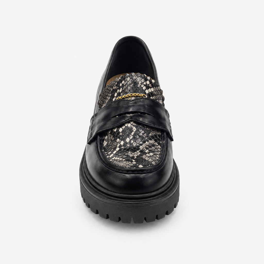 Black platform loafer with snakeskin panel and metal hardware detail