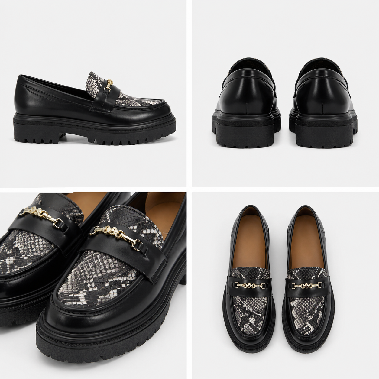 Black platform loafer with snakeskin panel and metal hardware detail