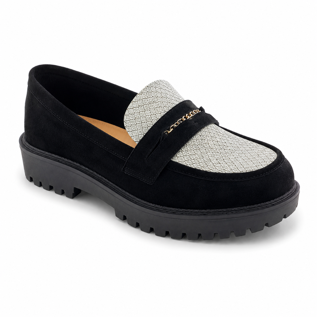 Black and white platform loafer with textured upper and chunky sole, angled view