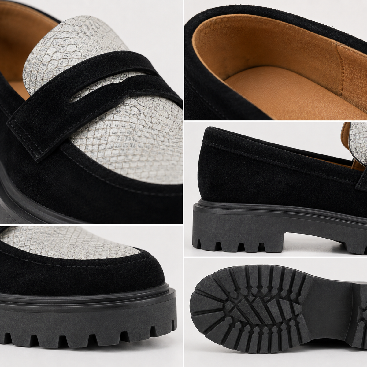 Black and white platform loafer with textured upper and chunky sole, angled view