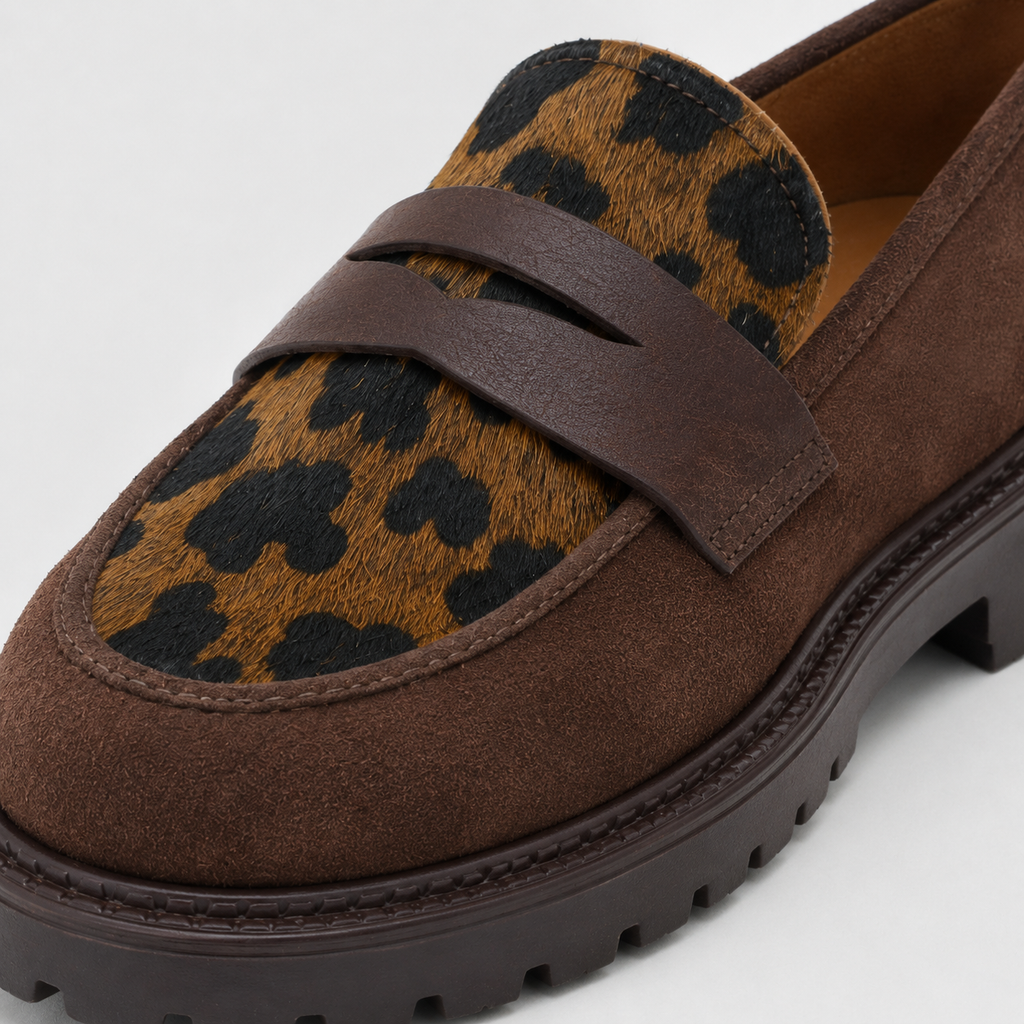 Brown platform loafer with leopard-print upper detail and chunky sole