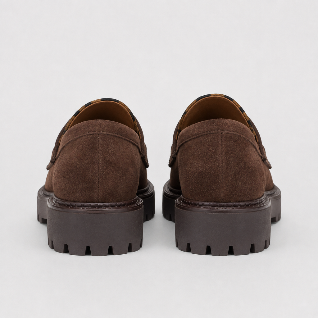 Brown leopard platform loafer with chunky lug sole, profile view