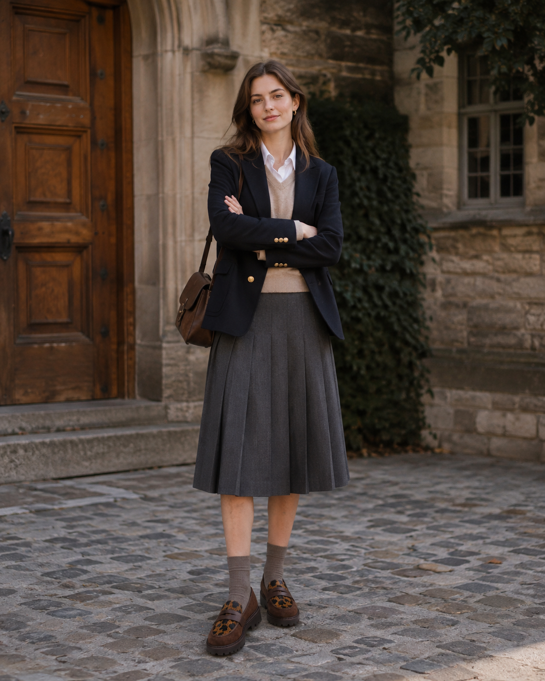 Brown leopard platform loafers styled in a relaxed weekend outfit