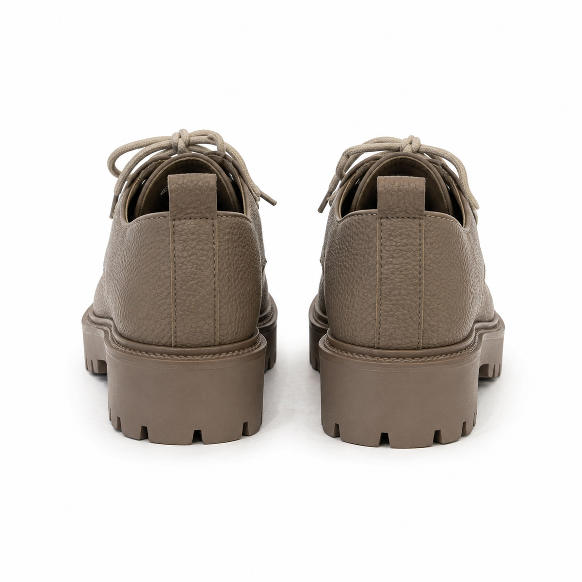 Back view of taupe lace-up platform loafers with heel pull tabs