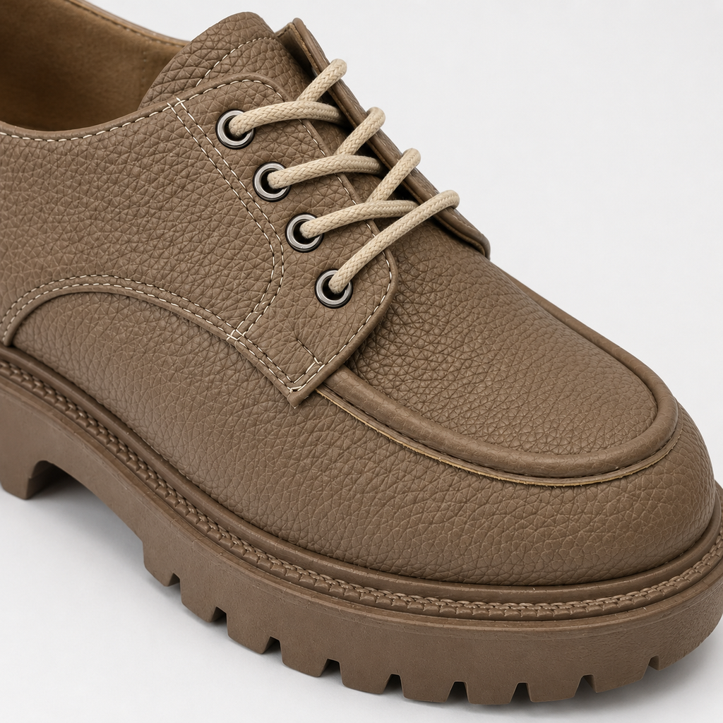 Close-up of taupe platform loafers with textured upper and lace-up detail