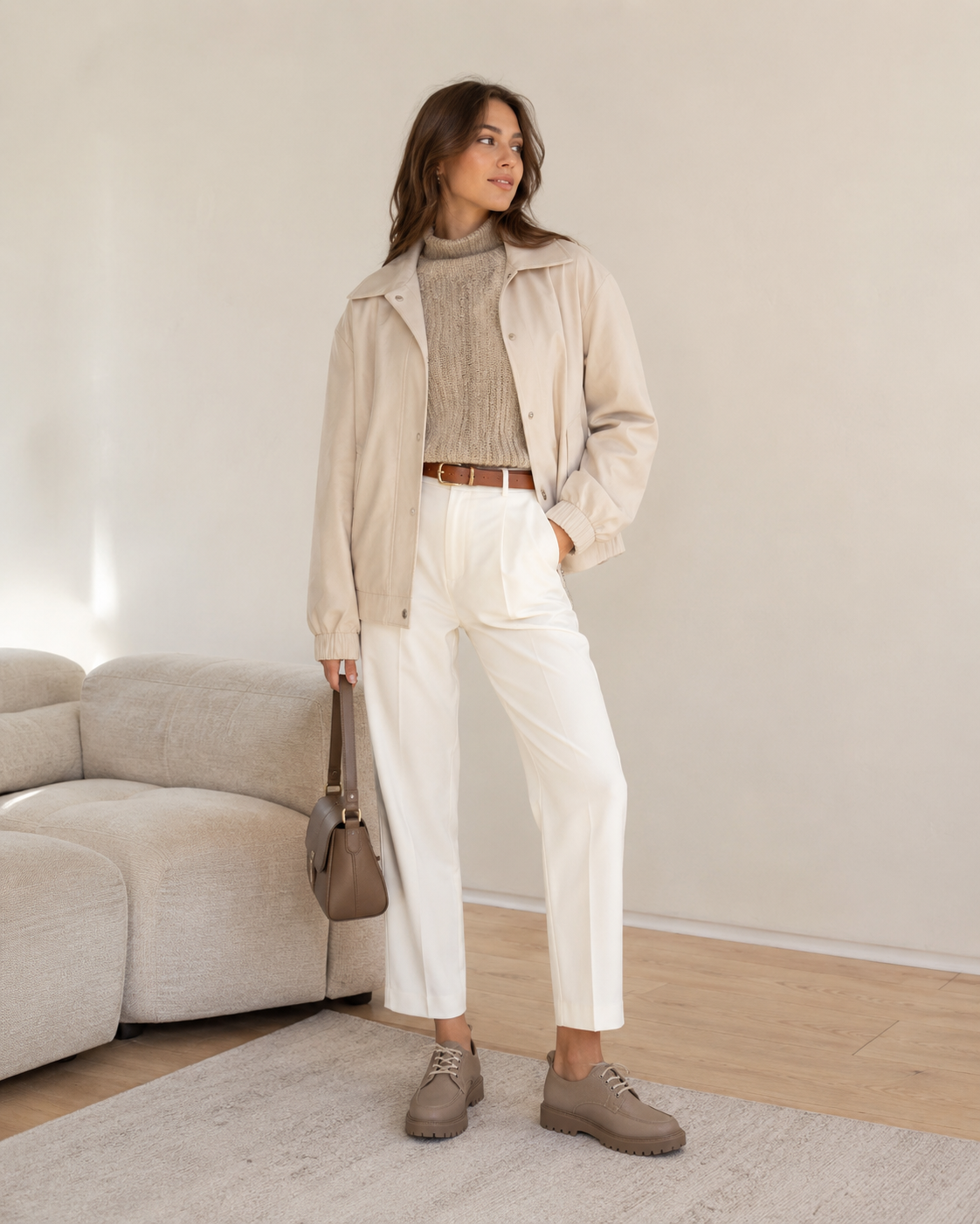 Women's taupe platform loafers styled with trousers for a polished casual look