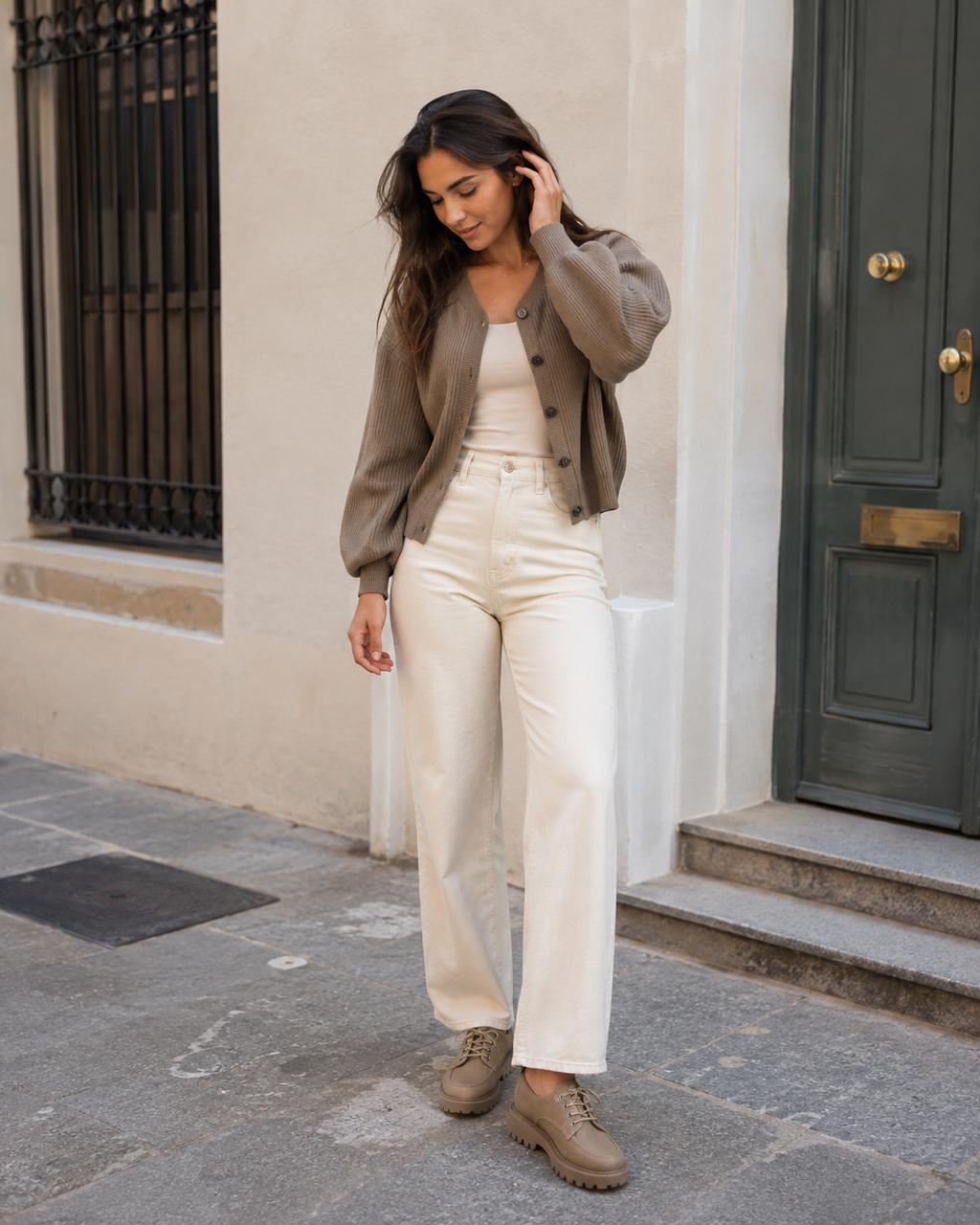 Women's taupe platform loafers styled with trousers for a polished casual look