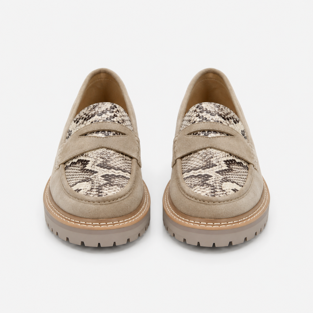 Women's beige platform loafers with snakeskin panels and chunky lug sole, front view