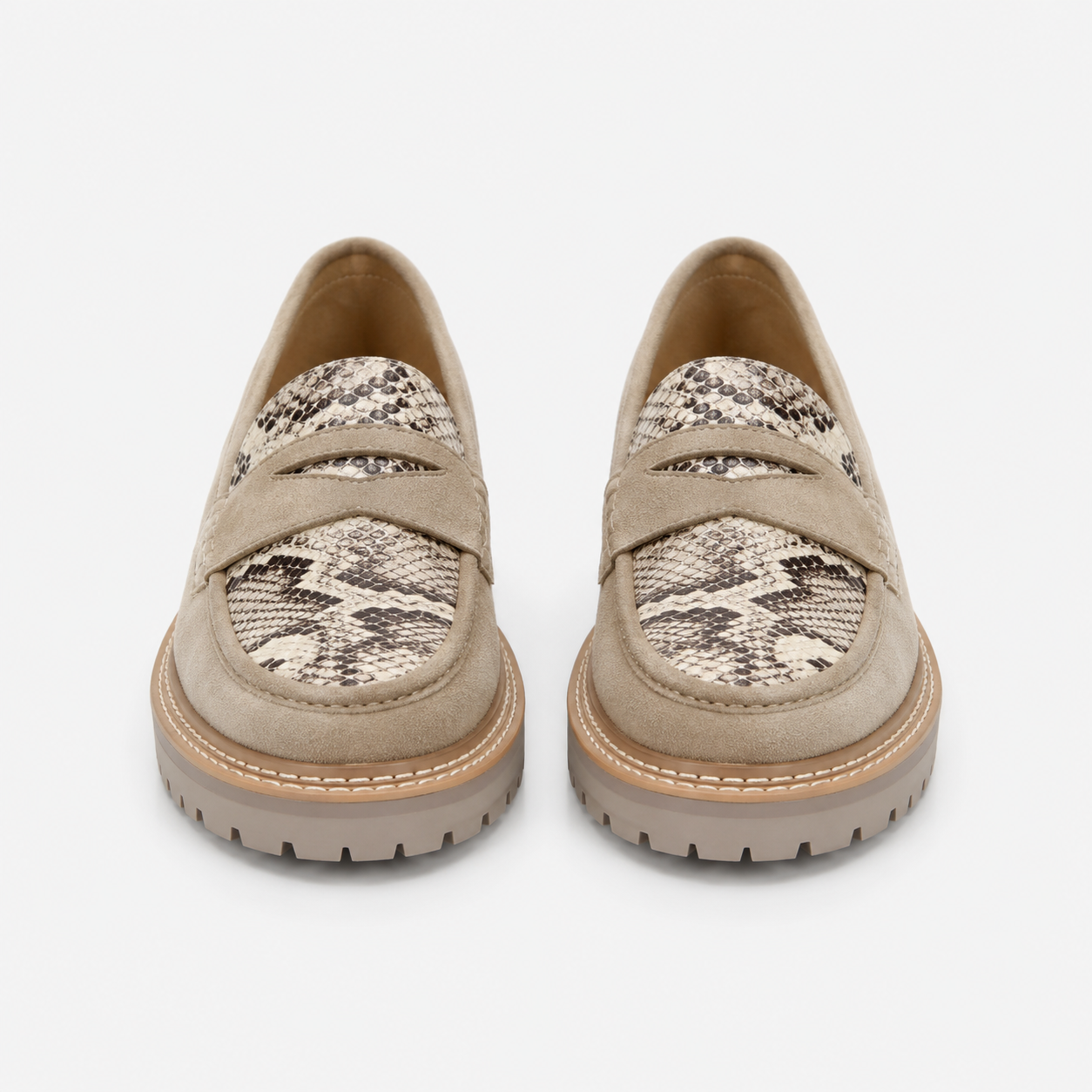 Women's beige platform loafers with snakeskin panels and chunky lug sole, front view