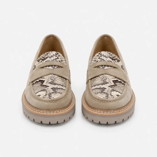 Women's beige platform loafers with snakeskin panels and chunky lug sole, front view