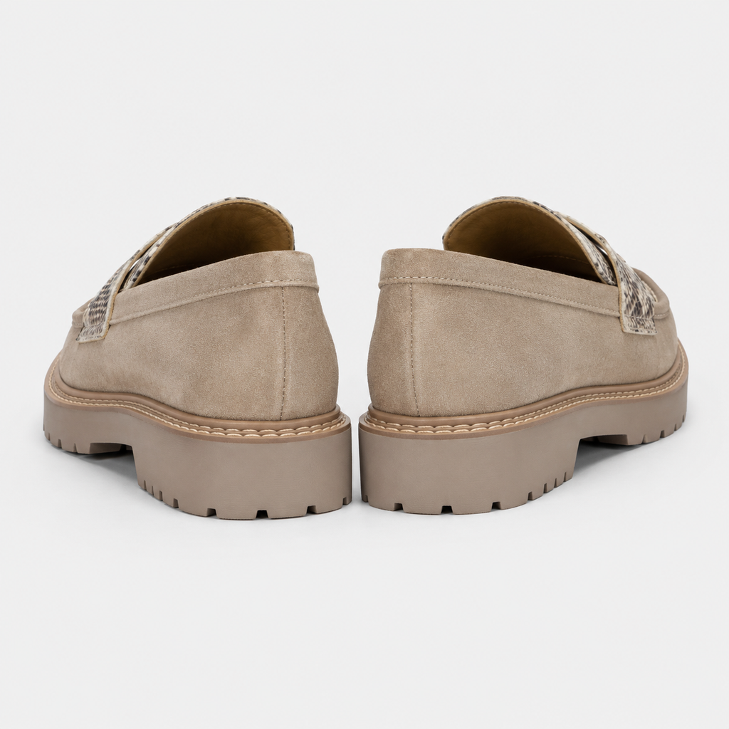 Beige snakeskin platform loafers for women with chunky lug sole, 
