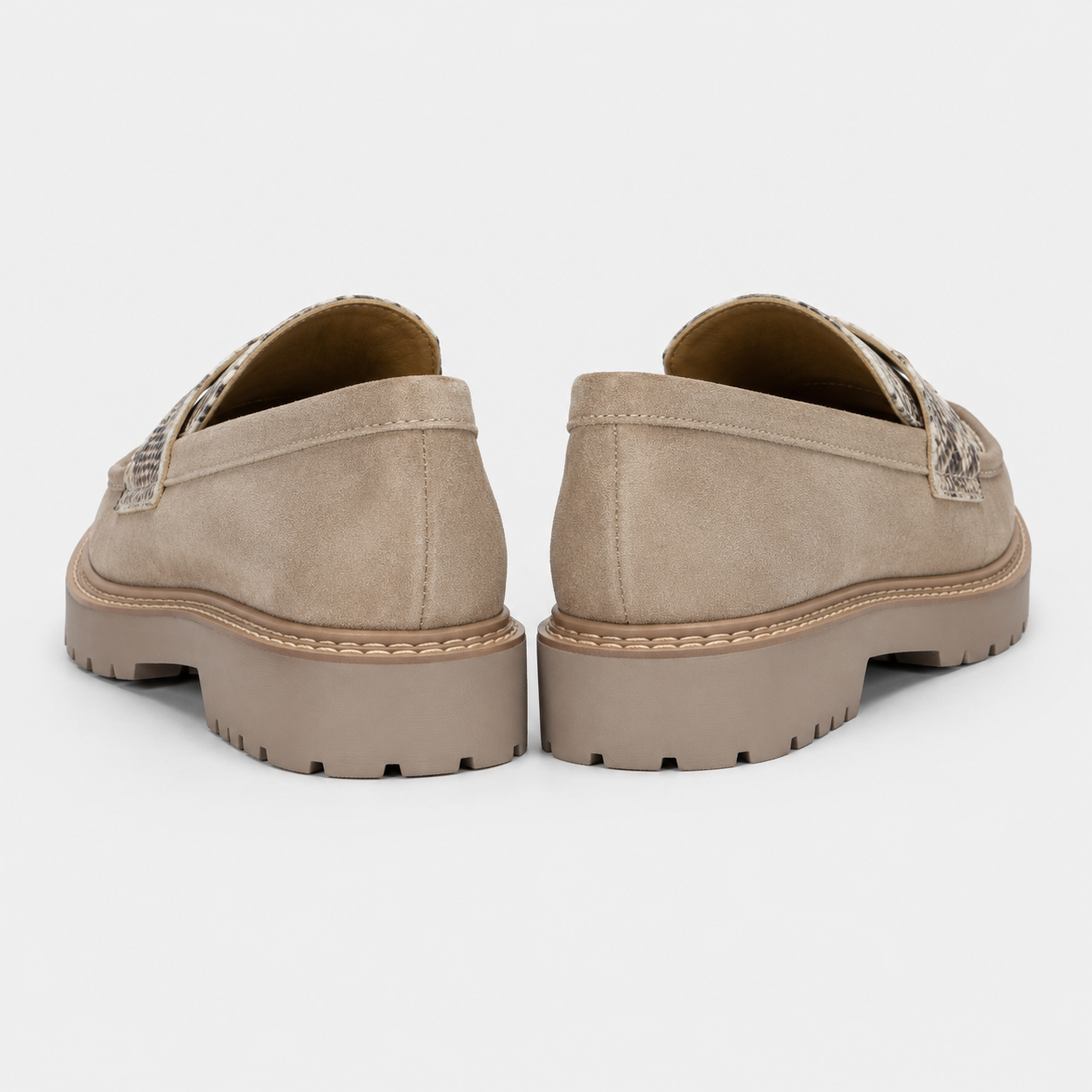 Beige snakeskin platform loafers for women with chunky lug sole, 