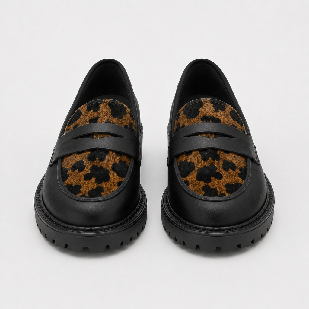 Women's black leopard platform loafers with chunky lug sole, front view