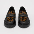 Women's black leopard platform loafers with chunky lug sole, front view