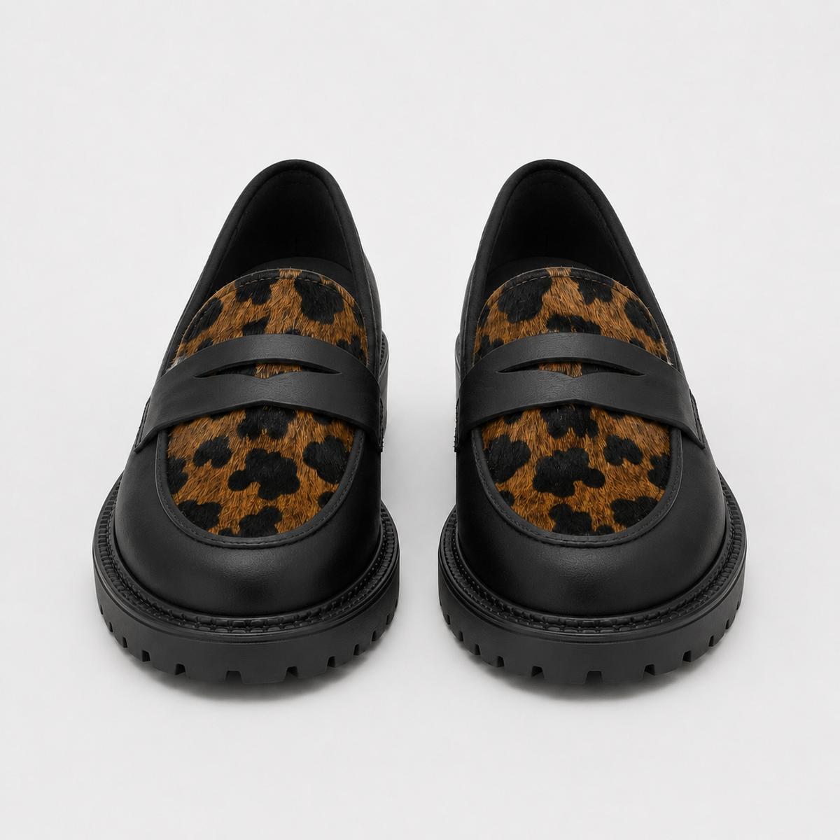 Women's black leopard platform loafers with chunky lug sole, front view