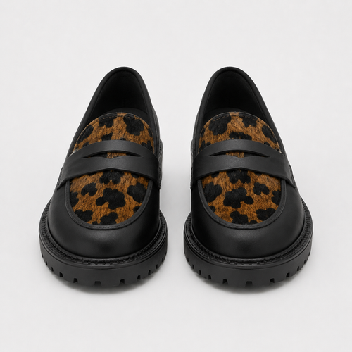 Women's black leopard platform loafers with chunky lug sole, front view