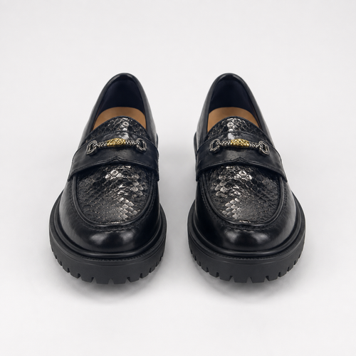 Women's black snakeskin platform loafers, front view