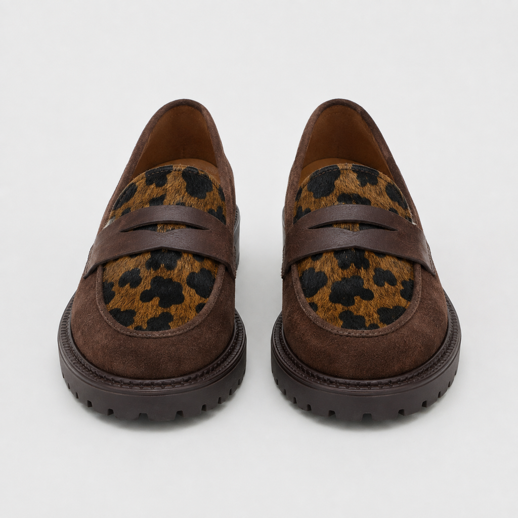 Women's brown leopard platform loafers with chunky lug sole, front view