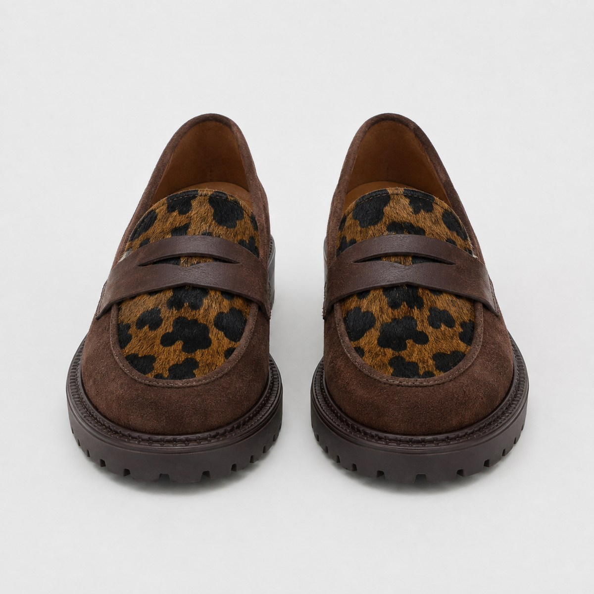 Women's brown leopard platform loafers with chunky lug sole, front view