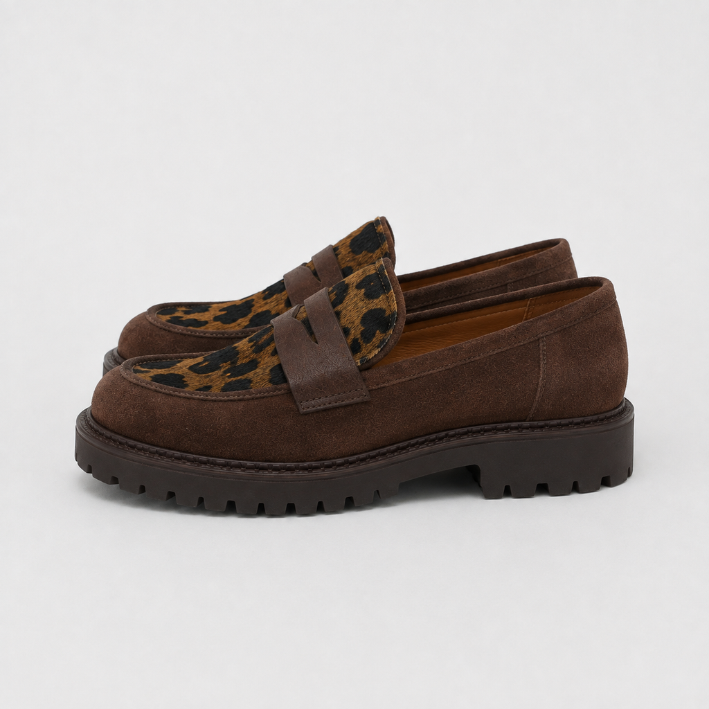 Women's brown leopard platform loafers with chunky lug sole, front view