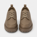 Women's taupe lace-up platform loafers with chunky lug sole, front view
