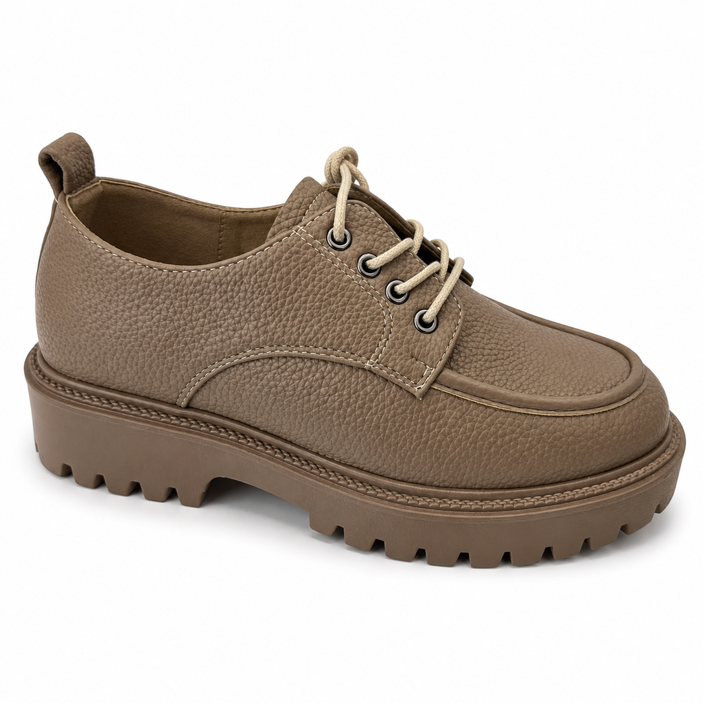 Women's taupe lace-up platform loafers with chunky lug sole, side view