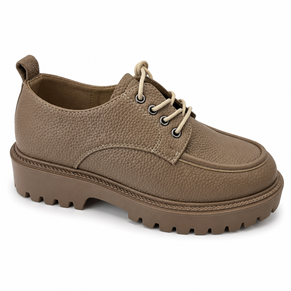 Women's taupe lace-up platform loafers with chunky lug sole, side view